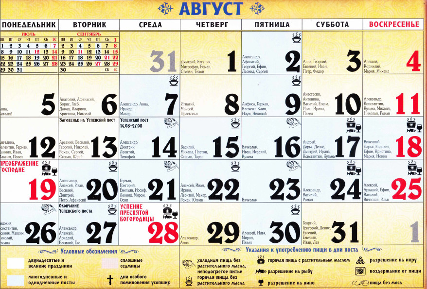 Церковные именины мужские и женские в август 2019